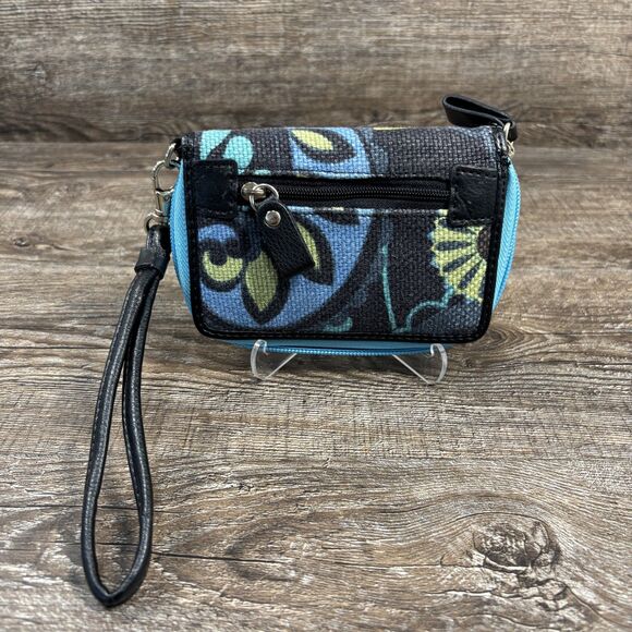Spartina 449 Wristlet Wallet Womens Blue Floral Linen Leather Zip ID Coin Purse - Picture 1 of 5